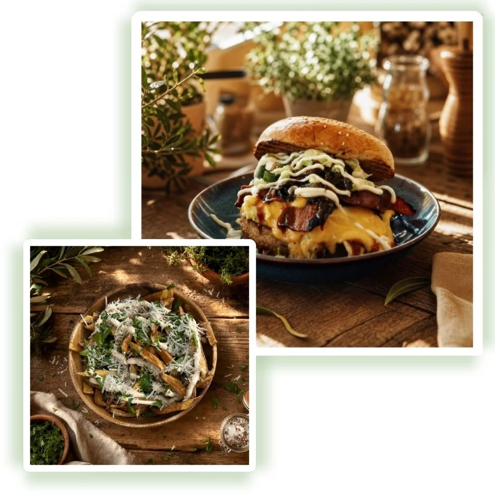 matchas Take-Away — Burger und hausgemachte Fries Collage