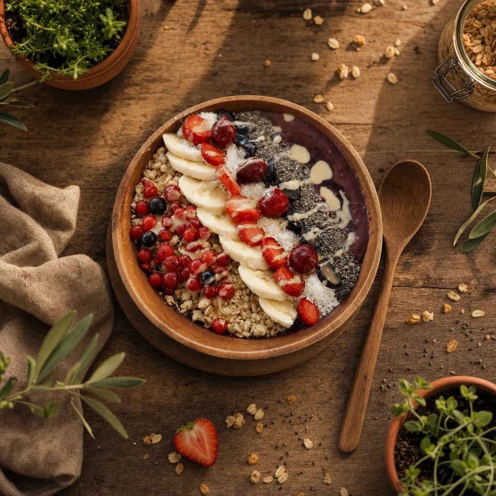 Açaí Bowl mit Banane, Beeren, Granola und Chia bei matchas Café