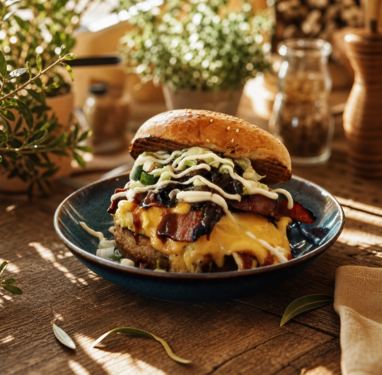 Beef Bun Burger mit Cheddar und Soße auf rustikalem Holztisch