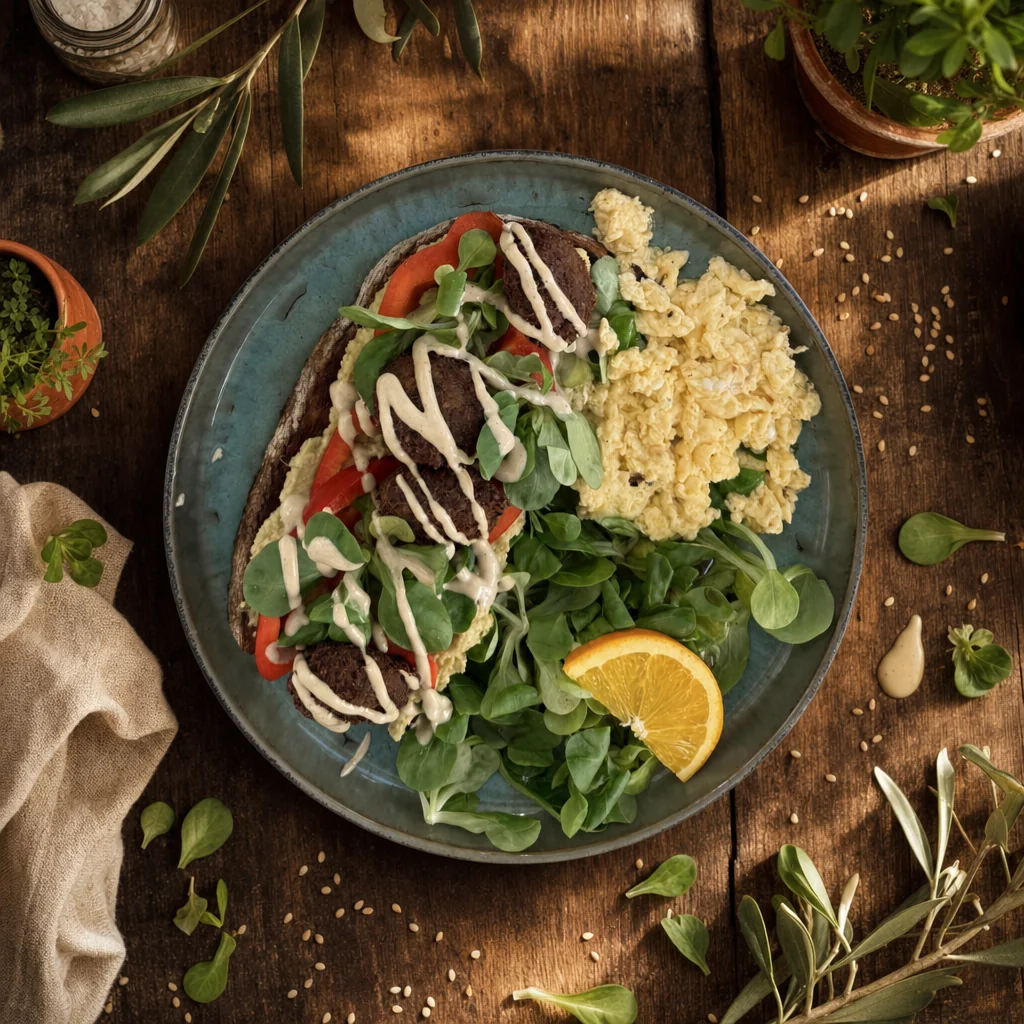 Falafel mit Rührei, Feldsalat und Orange bei matchas Café
