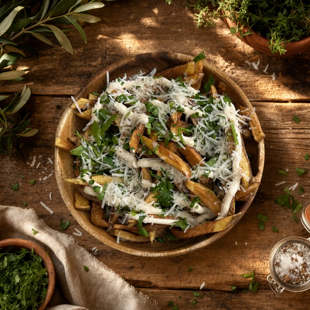 Truffle & Parmesan Fries mit Petersilie in einer Holzschale